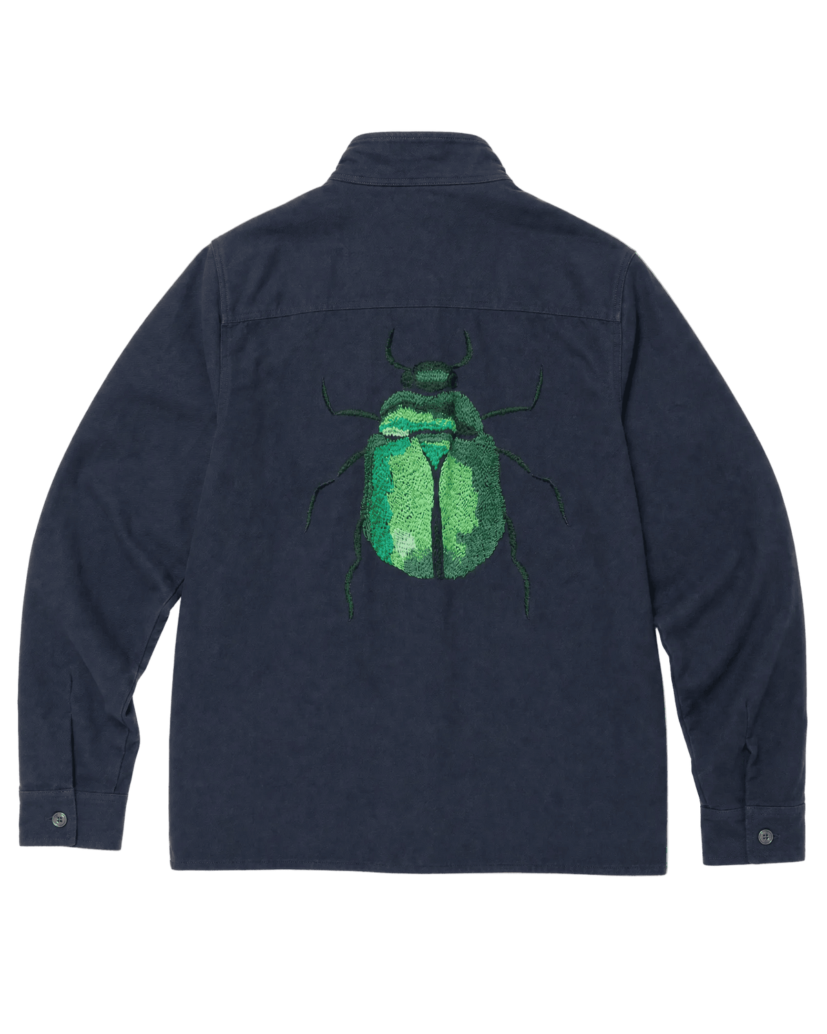 A navy blue long-sleeve shirt shown from the back, featuring a large green beetle graphic printed across the upper back.